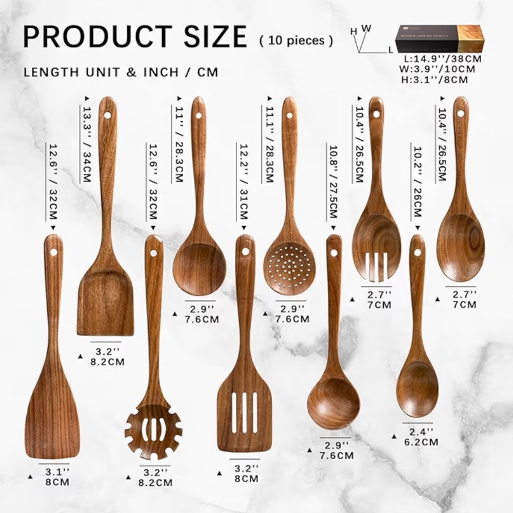 Acacia Wood 10 pc Spatula & Spoon Cooking Utensil Set, New in Box - Picture 4 of 4